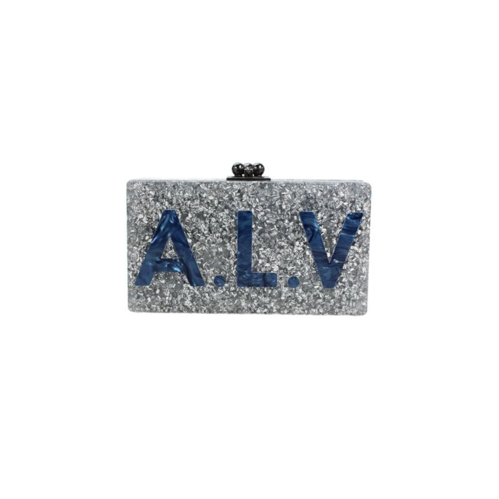 Edie Parker Womens Rectangular Resin ALV Clutch Handbag Silver Tone Blue